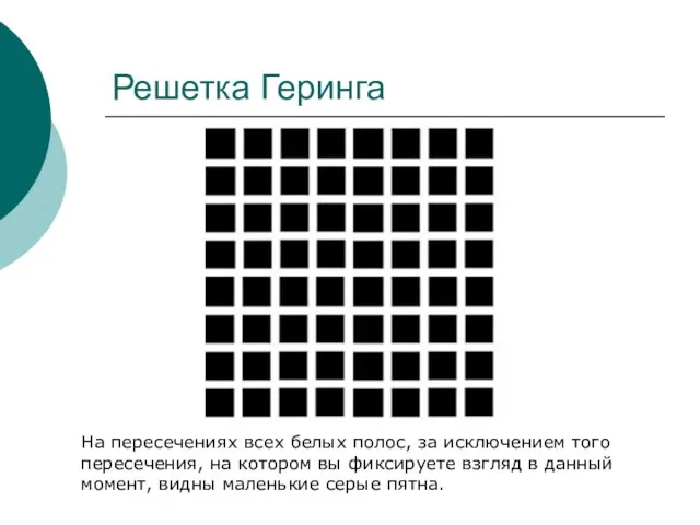 Решетка Геринга На пересечениях всех белых полос, за исключением того пересечения, на