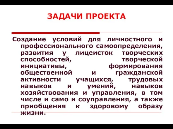 ЗАДАЧИ ПРОЕКТА Создание условий для личностного и профессионального самоопределения, развития у лицеисток