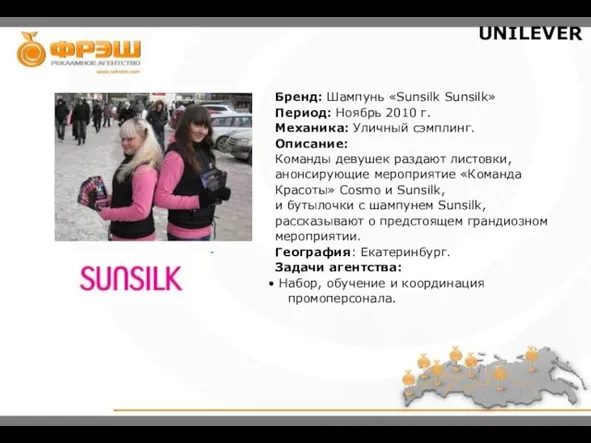 UNILEVER Бренд: Шампунь «Sunsilk Sunsilk» Период: Ноябрь 2010 г. Механика: Уличный сэмплинг.