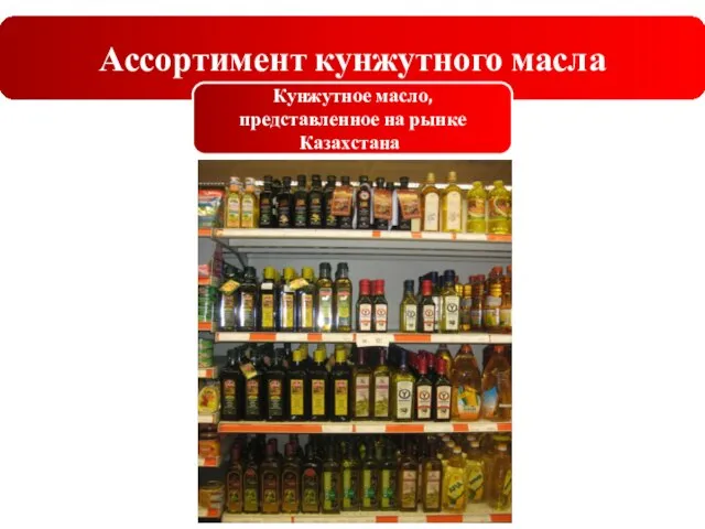 Ассортимент кунжутного масла Кунжутное масло, представленное на рынке Казахстана