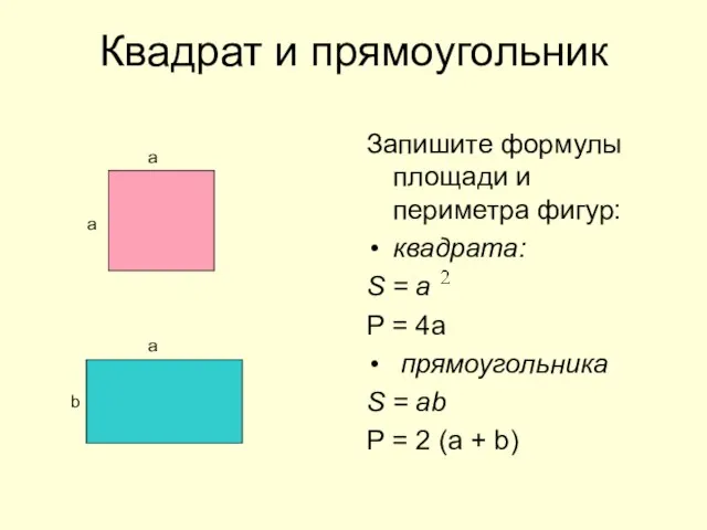 Квадрат и прямоугольник Запишите формулы площади и периметра фигур: квадрата: S =