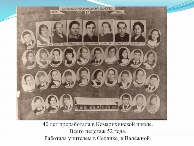 40 лет проработала в Комарихинской школе. Всего педстаж 52 года. Работала учителем в Селянке, в Валёжной.