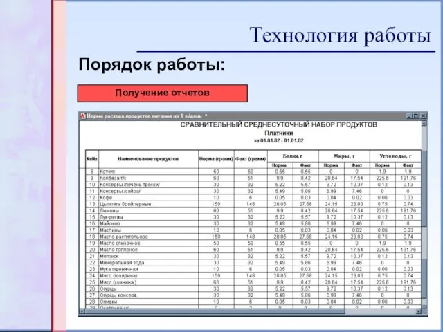 Порядок работы: Получение отчетов Технология работы