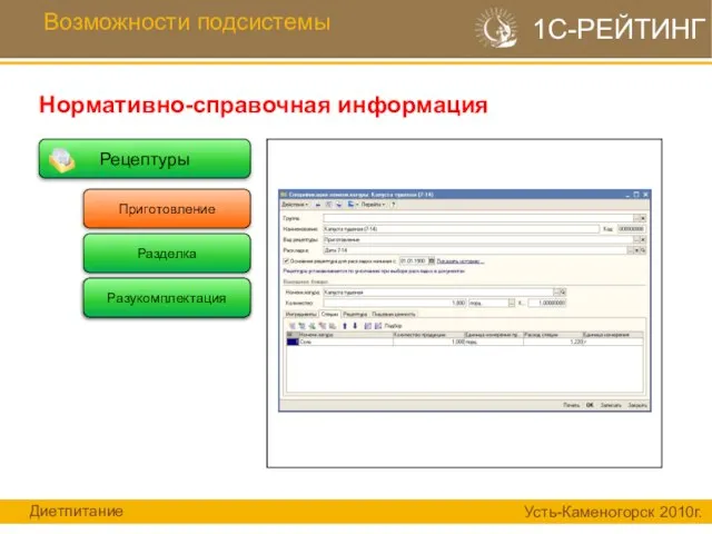 Рецептуры Возможности подсистемы Нормативно-справочная информация 1С-РЕЙТИНГ Разукомплектация Разделка Разукомплектация Приготовление Диетпитание Усть-Каменогорск 2010г.