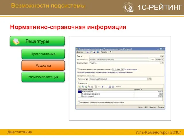 Рецептуры Возможности подсистемы Нормативно-справочная информация 1С-РЕЙТИНГ Приготовление Разукомплектация Разделка Разделка Диетпитание Усть-Каменогорск 2010г.