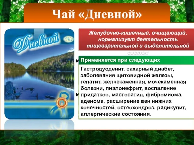 Чай «Дневной» Желудочно-кишечный, очищающий, нормализует деятельность пищеварительной и выделительной систем Применяется для