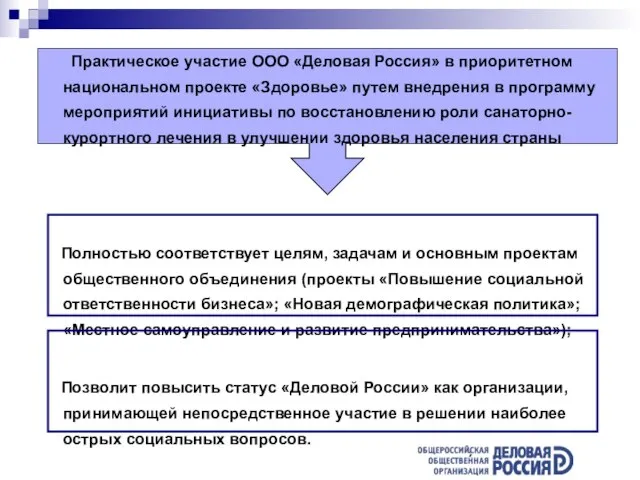 Практическое участие ООО «Деловая Россия» в приоритетном национальном проекте «Здоровье» путем внедрения