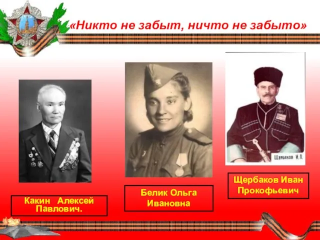 «Никто не забыт, ничто не забыто» Щербаков Иван Прокофьевич Белик Ольга Ивановна Какин Алексей Павлович.