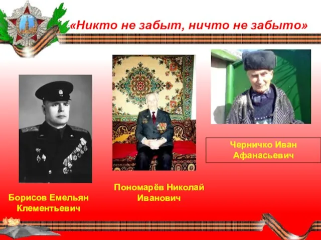 «Никто не забыт, ничто не забыто» Черничко Иван Афанасьевич Пономарёв Николай Иванович Борисов Емельян Клементьевич