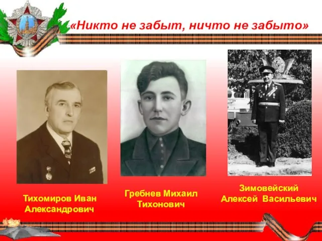 «Никто не забыт, ничто не забыто» Зимовейский Алексей Васильевич Гребнев Михаил Тихонович Тихомиров Иван Александрович