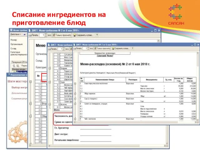 Списание ингредиентов на приготовление блюд Перемещение продуктов на склад кухни Перемещение необходимых