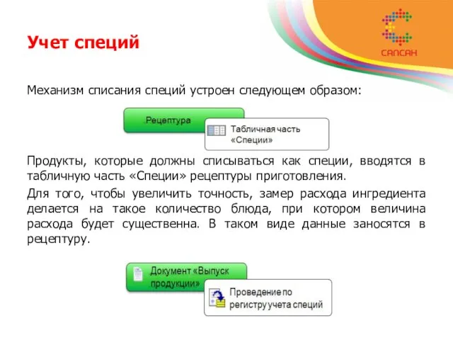 Учет специй Механизм списания специй устроен следующем образом: Продукты, которые должны списываться