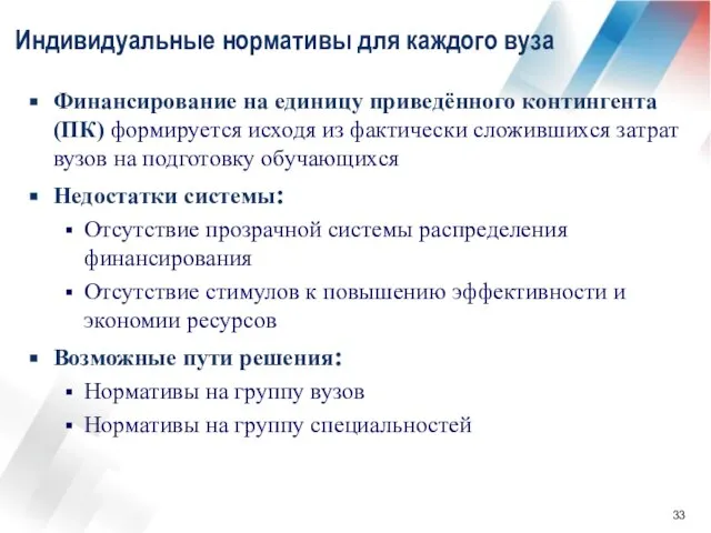 Индивидуальные нормативы для каждого вуза Финансирование на единицу приведённого контингента (ПК) формируется