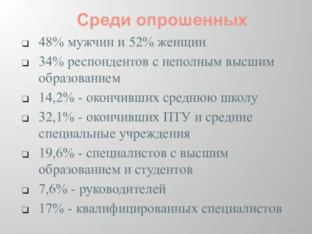 Среди опрошенных 48% мужчин и 52% женщин 34% респондентов с неполным высшим