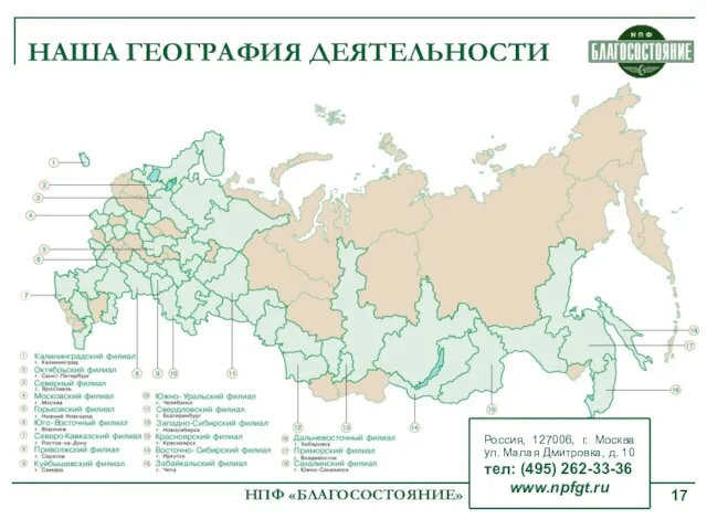 НАША ГЕОГРАФИЯ ДЕЯТЕЛЬНОСТИ НПФ «БЛАГОСОСТОЯНИЕ» Россия, 127006, г. Москва ул. Малая Дмитровка,