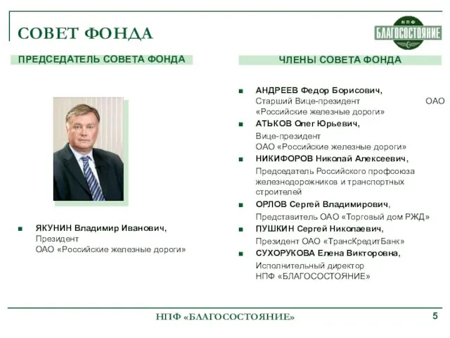 СОВЕТ ФОНДА ЯКУНИН Владимир Иванович, Президент ОАО «Российские железные дороги» АНДРЕЕВ Федор