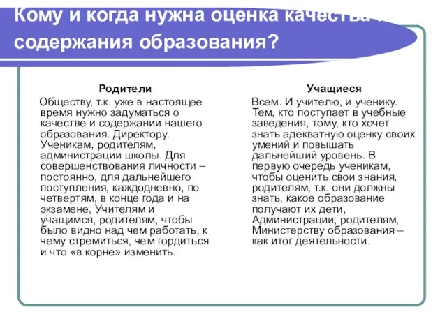 Кому и когда нужна оценка качества и содержания образования? Родители Обществу, т.к.