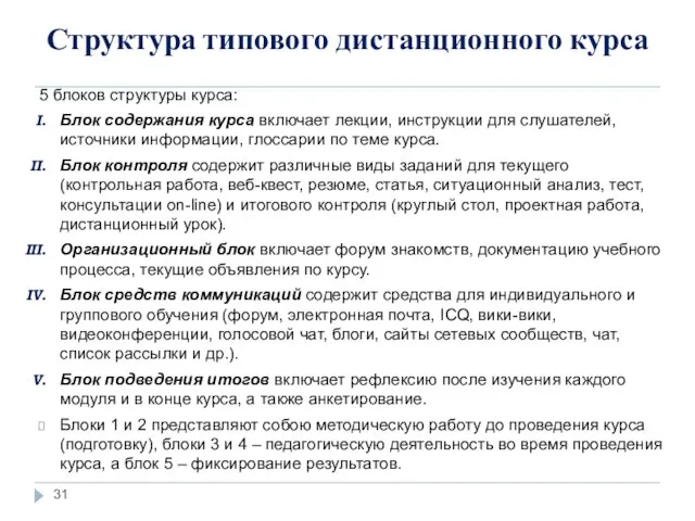 5 блоков структуры курса: Блок содержания курса включает лекции, инструкции для слушателей,