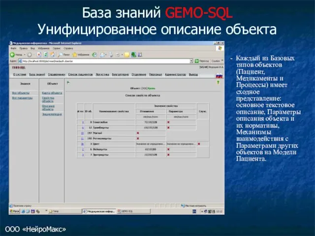 База знаний GEMO-SQL Унифицированное описание объекта - Каждый из Базовых типов объектов