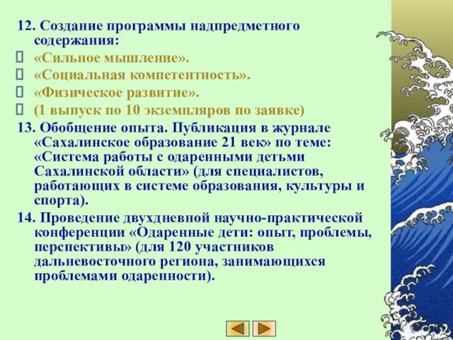 12. Создание программы надпредметного содержания: «Сильное мышление». «Социальная компетентность». «Физическое развитие». (1