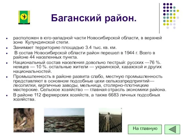 Баганский район. расположен в юго-западной части Новосибирской области, в верхней зоне Кулундинской