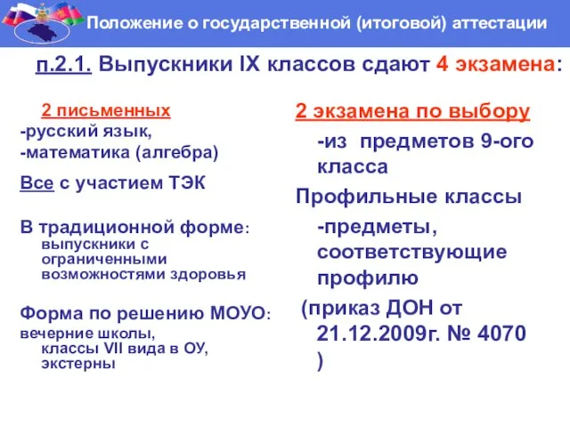 п.2.1. Выпускники IX классов сдают 4 экзамена: 2 письменных -русский язык, -математика