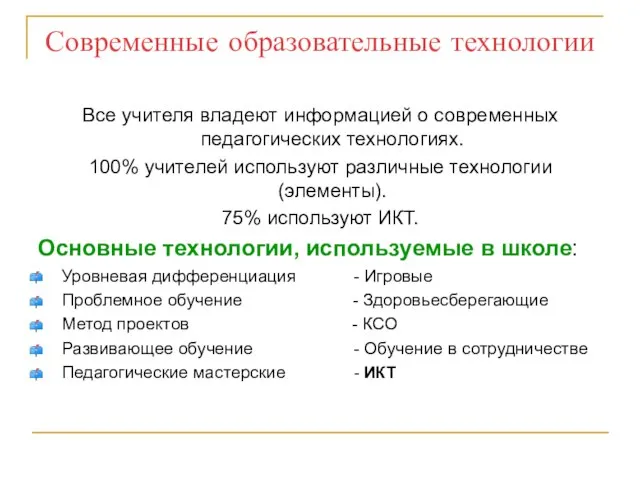 Современные образовательные технологии Все учителя владеют информацией о современных педагогических технологиях. 100%