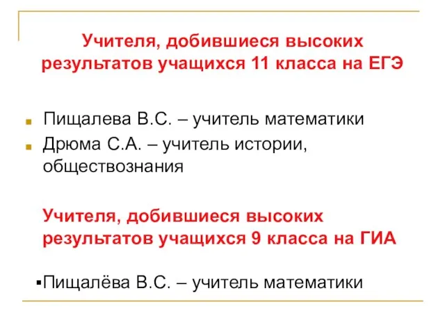 Учителя, добившиеся высоких результатов учащихся 11 класса на ЕГЭ Пищалева В.С. –