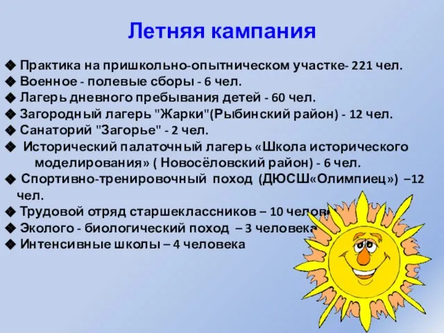 Летняя кампания Практика на пришкольно-опытническом участке- 221 чел. Военное - полевые сборы