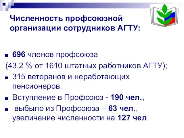 Численность профсоюзной организации сотрудников АГТУ: 696 членов профсоюза (43,2 % от 1610