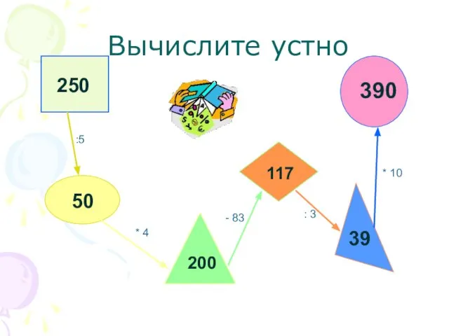 Вычислите устно 250 :5 50 * 4 200 - 83 117 :