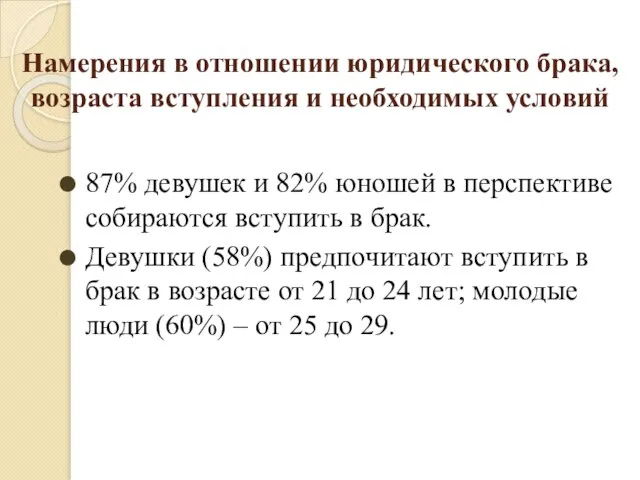 Намерения в отношении юридического брака, возраста вступления и необходимых условий 87% девушек