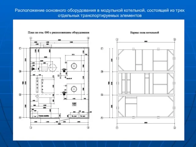 Расположение основного оборудования в модульной котельной, состоящей из трех отдельных транспортируемых элементов