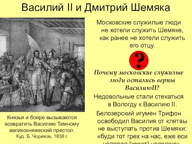 Василий II и Дмитрий Шемяка Московские служилые люди не хотели служить Шемяке,