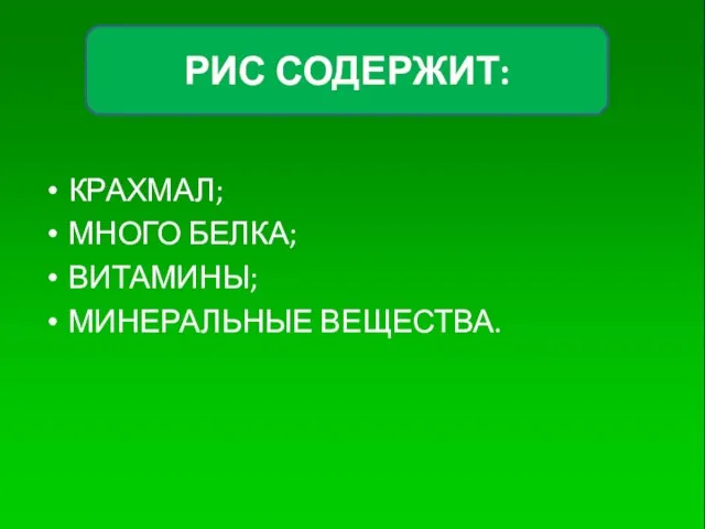 КРАХМАЛ; МНОГО БЕЛКА; ВИТАМИНЫ; МИНЕРАЛЬНЫЕ ВЕЩЕСТВА. РИС СОДЕРЖИТ: