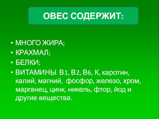 МНОГО ЖИРА; КРАХМАЛ; БЕЛКИ; ВИТАМИНЫ В1, В2, В6, К, каротин, калий, магний,