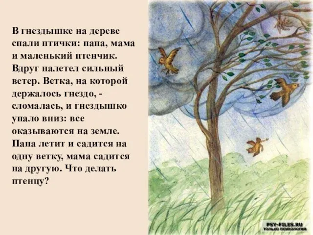 В гнездышке на дереве спали птички: папа, мама и маленький птенчик. Вдруг