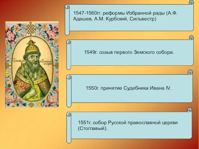 1547-1560гг. реформы Избранной рады (А.Ф. Адашев, А.М. Курбский, Сильвестр) 1549г. созыв первого