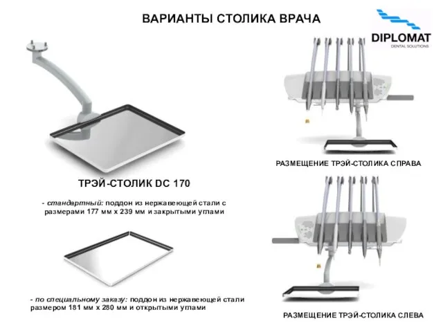 ВАРИАНТЫ СТОЛИКА ВРАЧА ТРЭЙ-СТОЛИК DC 170 - стандартный: поддон из нержавеющей стали