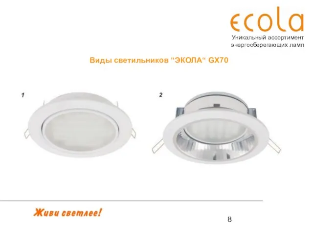 Уникальный ассортимент энергосберегающих ламп Виды светильников “ЭКОЛА“ GX70