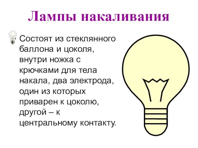 Лампы накаливания Состоят из стеклянного баллона и цоколя, внутри ножка с крючками