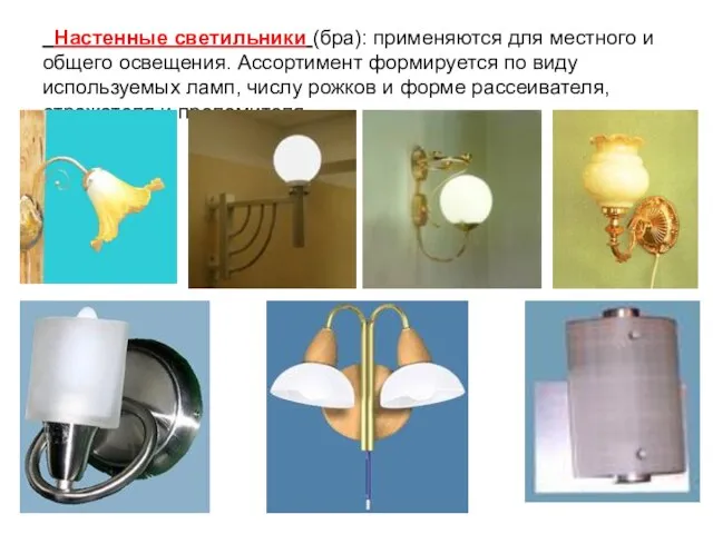 Настенные светильники (бра): применяются для местного и общего освещения. Ассортимент формируется по