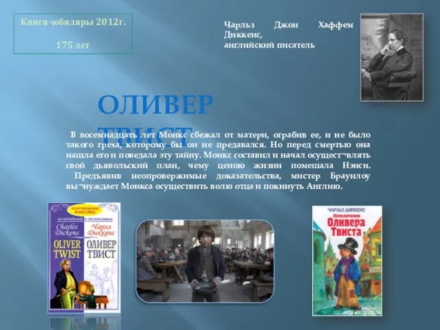 ОЛИВЕР ТВИСТ Чарльз Джон Хаффем Диккенс, английский писатель Книги-юбиляры 2012г. 175 лет