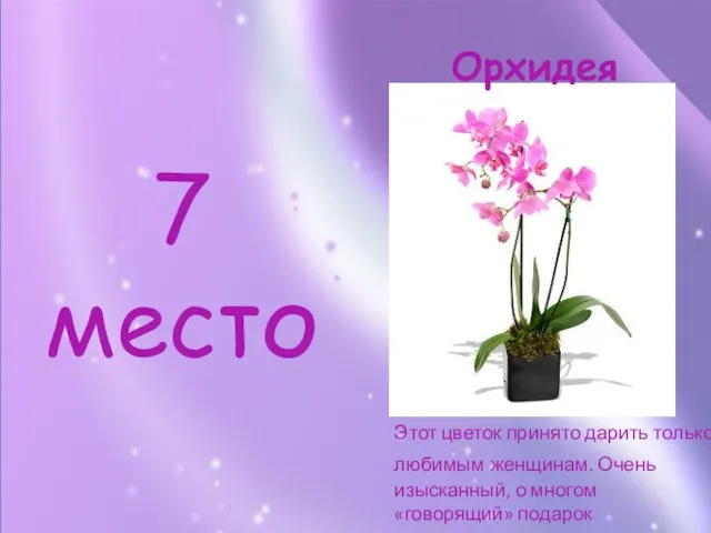 7 место Этот цветок принято дарить только любимым женщинам. Очень изысканный, о многом «говорящий» подарок Орхидея