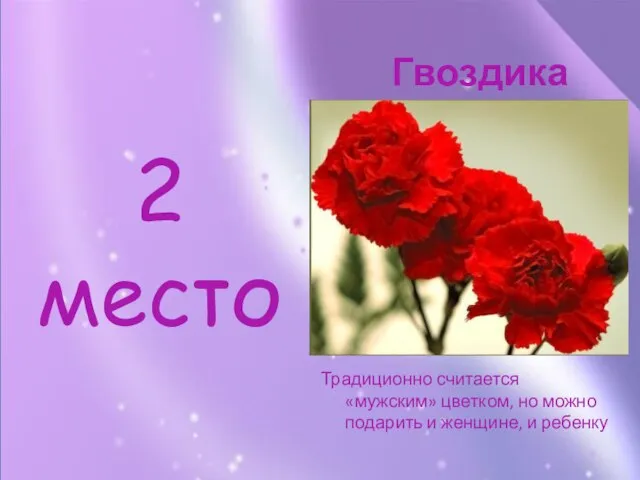 2 место Традиционно считается «мужским» цветком, но можно подарить и женщине, и ребенку Гвоздика