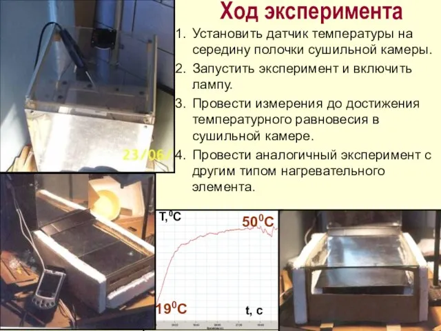 Ход эксперимента Установить датчик температуры на середину полочки сушильной камеры. Запустить эксперимент