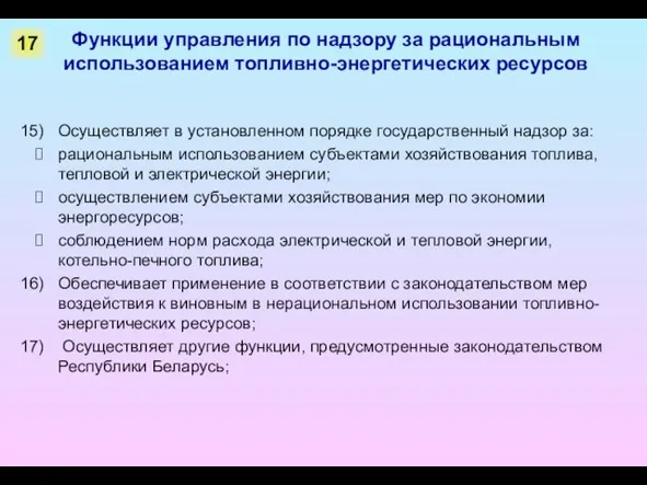 Функции управления по надзору за рациональным использованием топливно-энергетических ресурсов Осуществляет в установленном