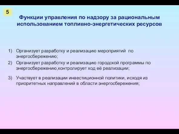 Функции управления по надзору за рациональным использованием топливно-энергетических ресурсов Организует разработку и