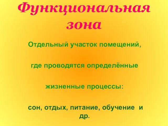 Функциональная зона Отдельный участок помещений, где проводятся определённые жизненные процессы: сон, отдых, питание, обучение и др.