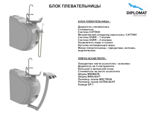 БЛОК ПЛЕВАТЕЛЬНИЦЫ БЛОК ПЛЕВАТЕЛЬНИЦЫ : Держатель слюноотсоса Слюноотсос Система CATTANI Механический сепаратор